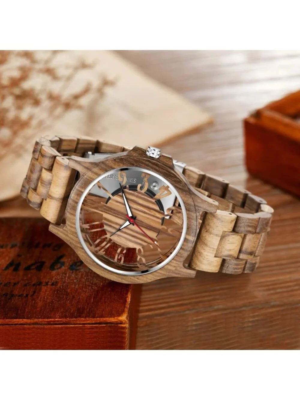 Men's All Brown Quartz Ebony Zebra Fold over Clasp Wood Strap Round Wooden Watch